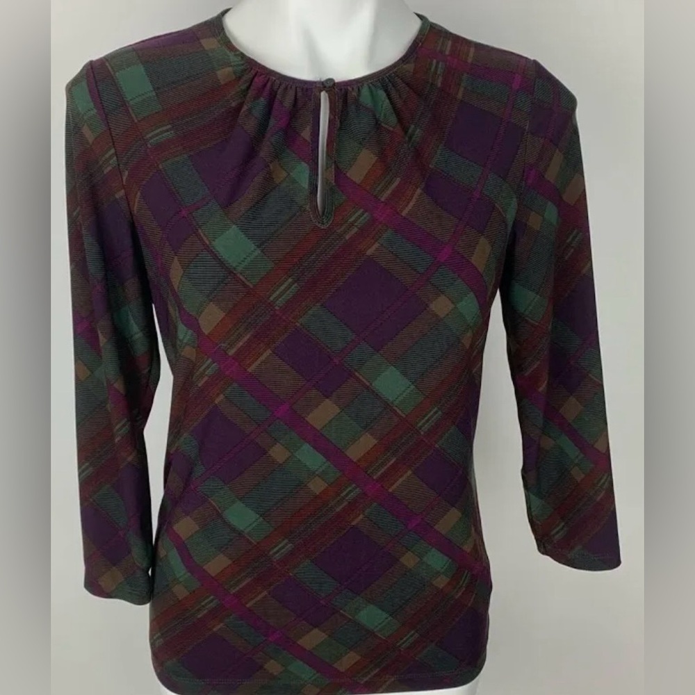 Chaps Plaid Keyhole Top